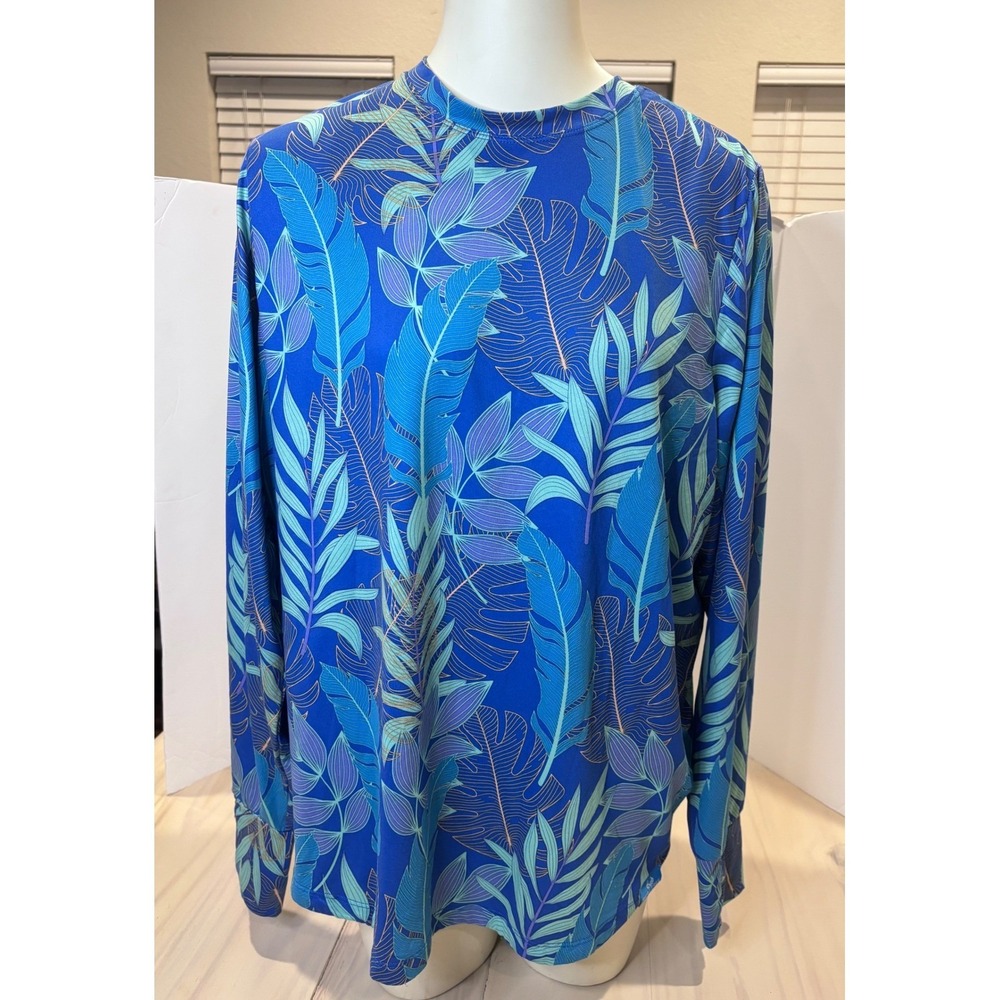 Realtree Fishing Mens XL Blue Tropical Leaf Long Sleeve Performance Sun Shirt